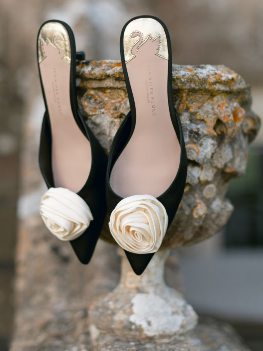 ANTONIO MELANI X Jeniffer Sumko Black Pointed Toe Mules with Cream Rose Accent